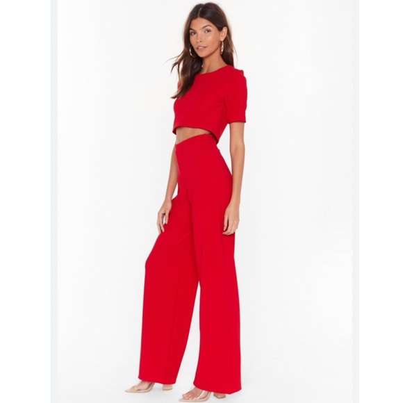 Nasty Gal Pants - Nasty Gal Red Crop Top And Wide Leg Trousers Set Size 2